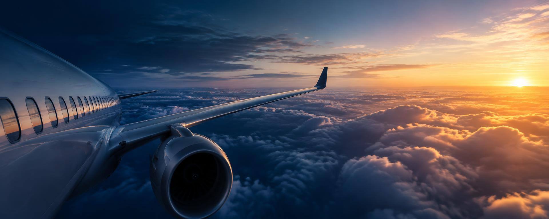 Passenger aircraft flying above clouds at sunrise