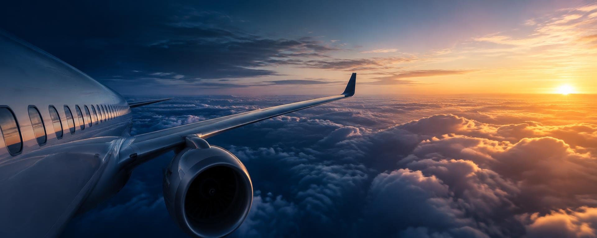 Passenger aircraft flying above clouds at sunrise