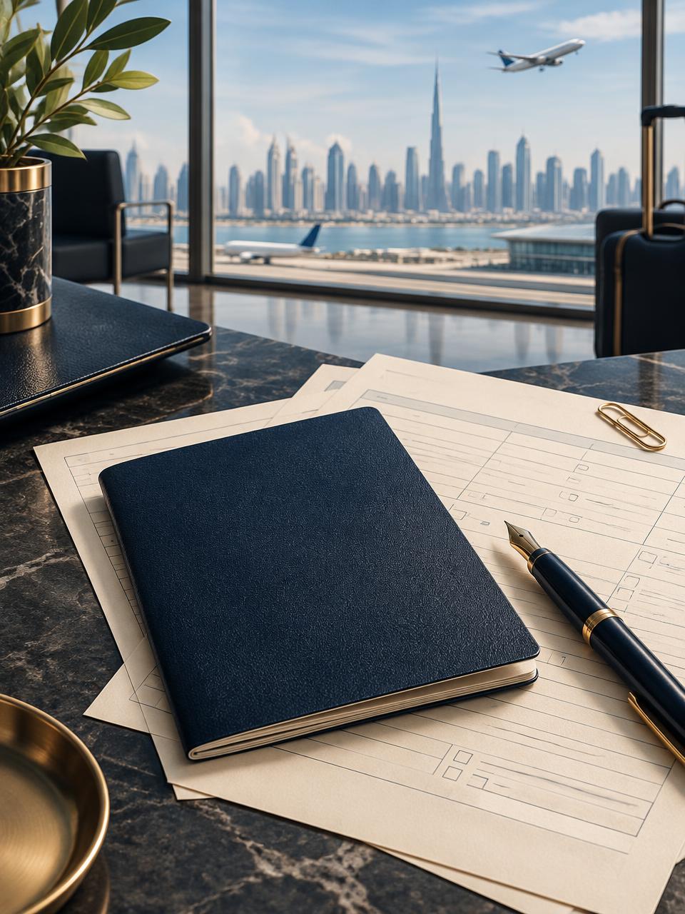 Travel documents prepared beside an airport window